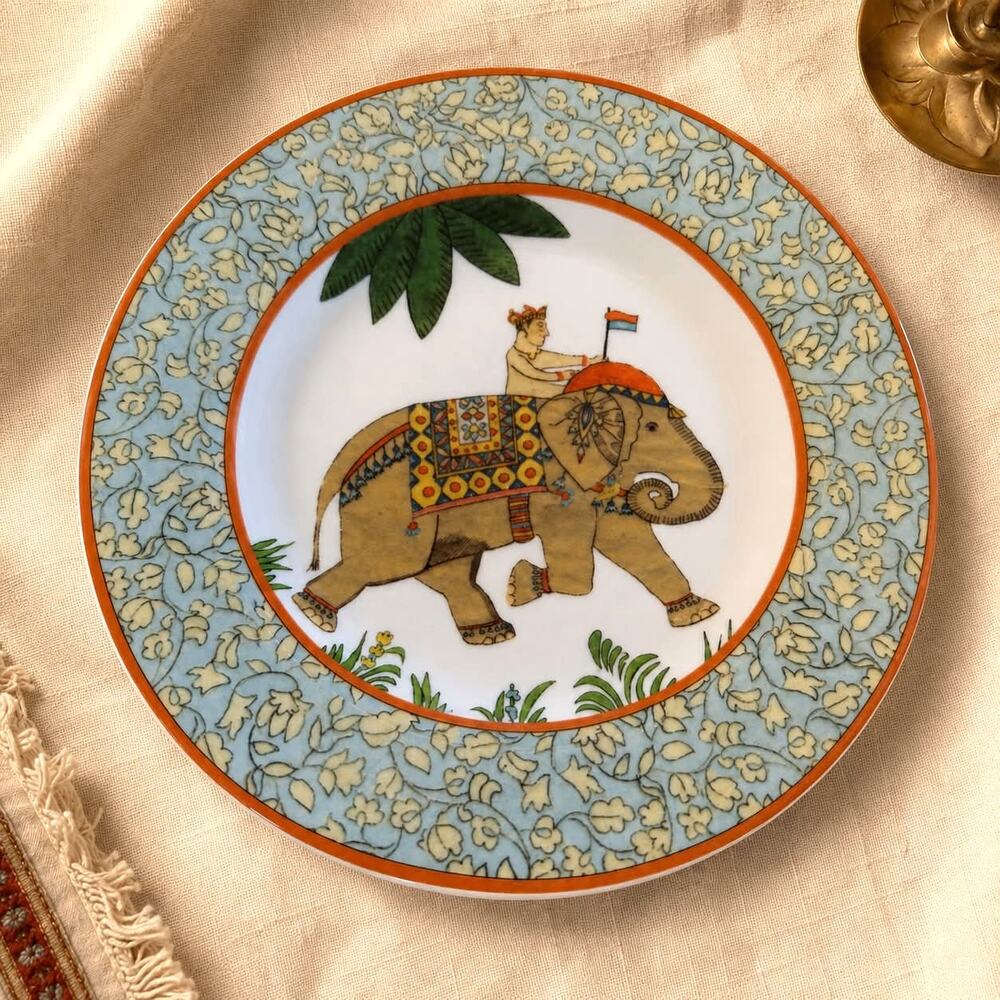 World Market Nomad Elephant Floral 9" Salad Plate Boho Indian Retired Dinnerware